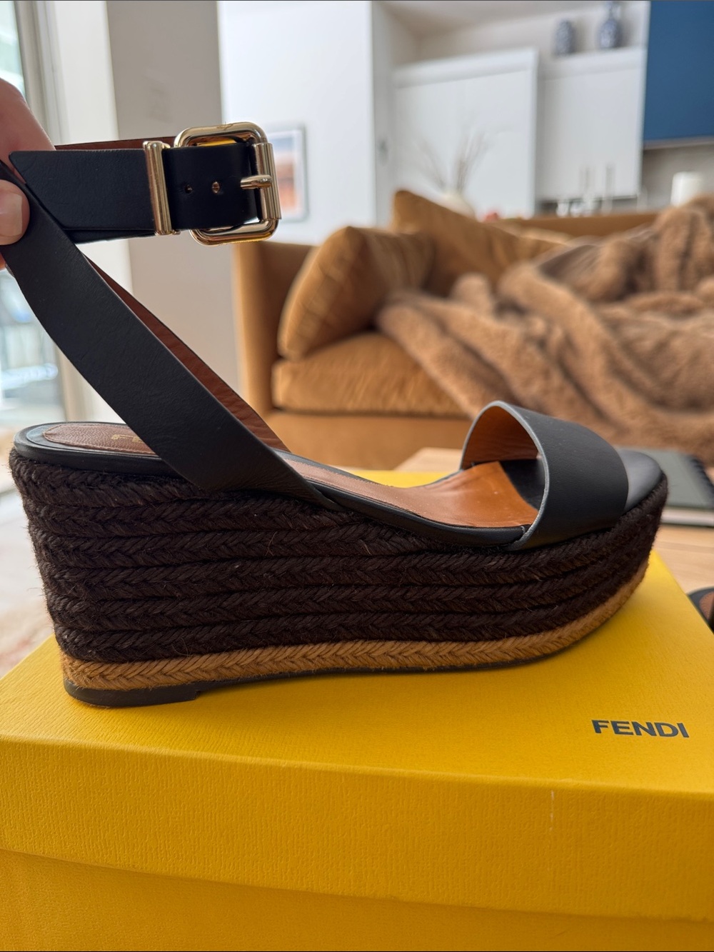 Fendi Black Leather Braided Platform Wedge Sandals
